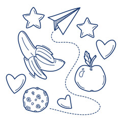 Vector line art school breakfast with banana, apple and oatmeal cookies