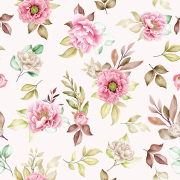 peony floral and leaves seamless pattern