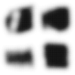 The halftone texture is black and white. A set of halftone abstract backgrounds. Spots of dots on a white backdrop