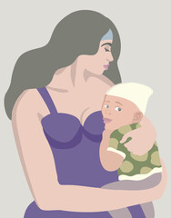 Vector illustration of young woman with long hair in violet dress holding her little child in hands. Motherhood concept.