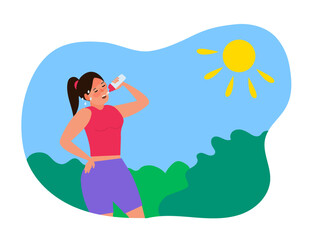 woman drinking water summer heatstroke first aid thirsty dehydration vector illustration
