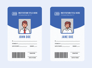 A set of id student cards templates. Identity card with photos for a woman and a man student of a university, college, school.