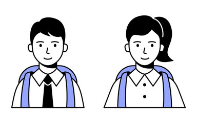 A set of icons elementary or middle school pupils. Avatar of a schoolboy girl and schoolboy with a backpack. Vector modern flat illustration