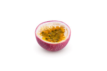 Whole passionfruit and a half of maracuya isolated on white background.