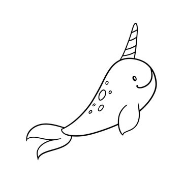 recommend clip art: Monochrome images, sea life, cute narwhal, vector illustration in cartoon