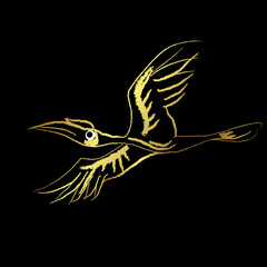 Great hornbill flying on the sky.Golden brush sketch on white blackground © Art789