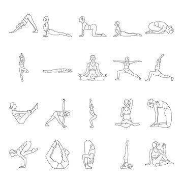 Yoga poses color line icons set. Pictograms for web page