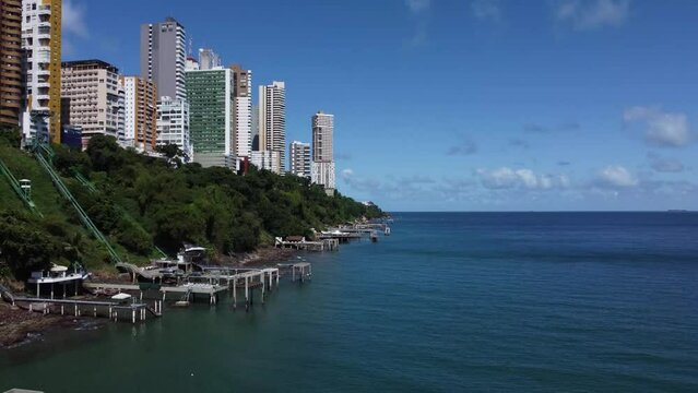 Beautiful aerial cinematographic image with drone Salvador in Bahia in coastal metropolis above the ocean