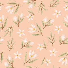 Spring blossom seamless pattern. Hand-drawn branch, blossom, and flowers. Vector seamless wallpaper.