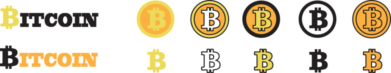 Decentralized virtual currency for payment and transactions, isolated bitcoin icons in realistic, flat and line style. Golden coins, electronic exchange and financial profit, vector illustration
