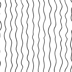 Vertical thin wavy lines seamless pattern. Hand drawn doodle texture. Simple ornament with wavy pen stripes. Black and white vector ornament. Wallpaper, pattern fills, surface design. 