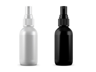 3D illustration. Black and white cosmetic spray bottles on white background