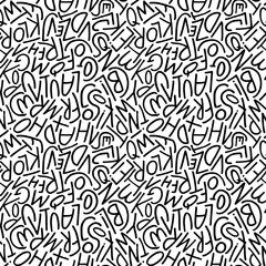 Obraz premium Seamless pattern with simple letters. Hand drawn typography print. Alphabet letters in doodle style vector ornament. Modern pen line lettering. Seamless abstract alphabets pattern on black and white