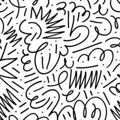 Trendy thin lines and dots seamless pattern. Curved and zig zag lines. Expressive seamless abstract vector background in black and white. Stylish monochrome doodles. Freehand black ink drawing.