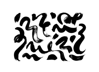 Bold curved lines and wavy brushstrokes collection. Modern grunge brush lines. Hand drawn squiggles, daubs isolated on white background. Scribble brush strokes vector set. Curly vector shapes.
