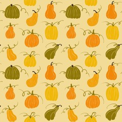 Seamless pattern with  cute colored pumpkins on white background. Hand drawing. Elements for autumn decorative design, halloween invitation, harvest thanksgiving.
