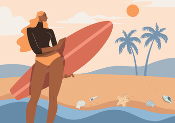 Young woman in swimming suit with holding surfboard on the beach. Vector design illustration.