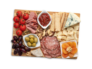 Appetizer board with cheese, nuts, fruits, toasts and charcuterie isolated over white background © Odu Mazza