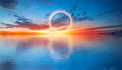 Beautiful landscape with solar eclipse at amazing sunset