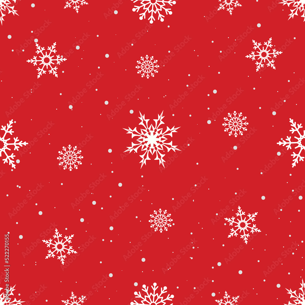 Wall mural vector snowy snowflake flakes seamless pattern winter pattern red background