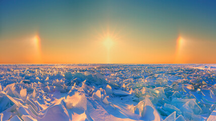 Amazing Halo on the frozen lake Baikal - Beautiful winter landscape of frozen Lake Baikal at...