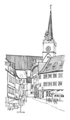 Travel sketch illustration of Wertheim, Germany, Europe. Sketchy line art drawing with a pen on paper. Hand drawn. Urban sketch in black color isolated on white background. Freehand drawing.