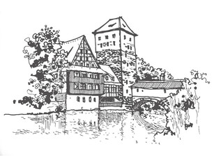 Sketch of Nuremberg, Germany. Historical building, bridge, river, castle, old town line art. Freehand drawing. Hand drawn travel postcard. Urban sketch in black color isolated on white background.