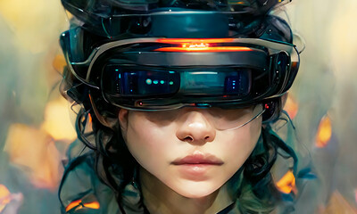3D render the woman is wearing 3d VR headset glasses looks up in cyberspace of metaverse future.