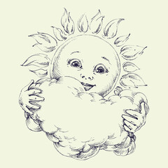 Sun as cartoon character holding clouds in the sky hand drawing