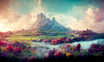 Fototapeta na wymiar Colorful abstract background with a 3D illustration of a fantasy mountain view.