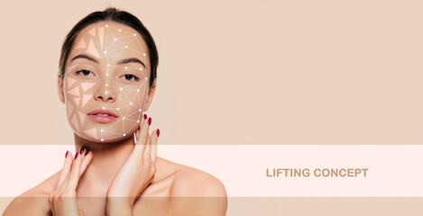 Portrait of young woman with perfect skin isolated on beige background. Cosmetology treatment. Plastic surgery.