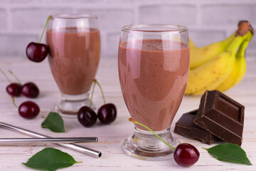 Dark chocolate smoothie with sour cherry and banana.
