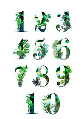 Collection of numbers, watercolor emerald background with gold splashes, decorated with tropical eucalyptus leaves, branches with berries, exotic.Element of wedding stationery.Hand-painted. Suitable 