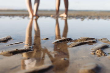 mothers in a white t-shirt and brown shorts with a daughter in a purple swimsuit walk along the beach reflection in the water in full growth photo of the legs. Beautiful beach landscape
