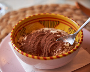 Traditional Italian dessert tiramisu in a dessert dish. Food concept