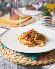 Delicious and elegant dish of traditional Italian pasta served and ready to eat. Food concept