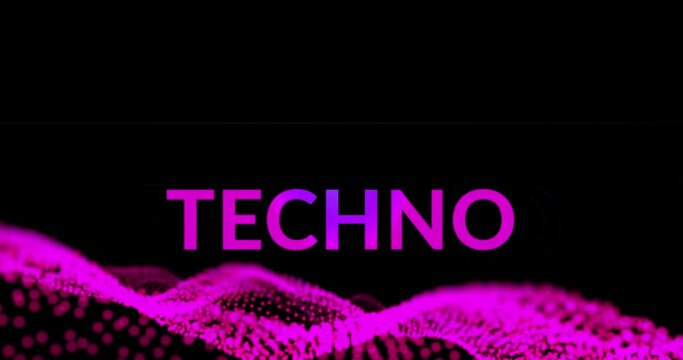 Animation of techno text on black background with glitter