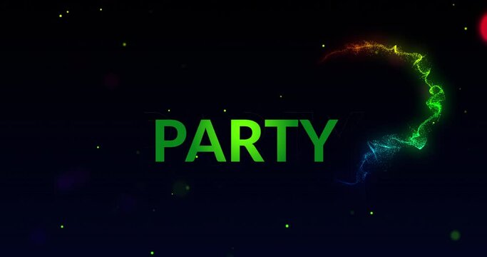 Animation of party text on black background with waves and dots