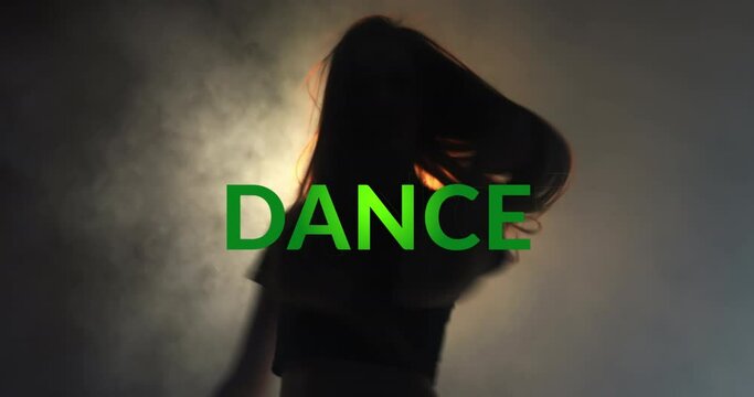 Animation of dance text over silhouette of danging woman