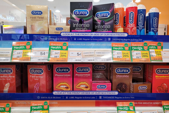 PENANG, MALAYSIA - 23 JULY 2022: Durex range of condoms and lubricant display on store shelf. Durex is the trademarked name for a range of condoms that were made by SSL international.