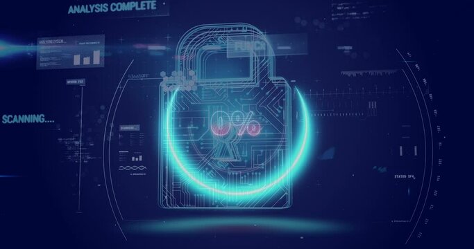 Animation of neon circle with 0 percent over digital padlock and data on digital screen