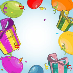 Obraz premium A postcard with a pattern in gift boxes, balloons. Monochrome minimal background. Postcard