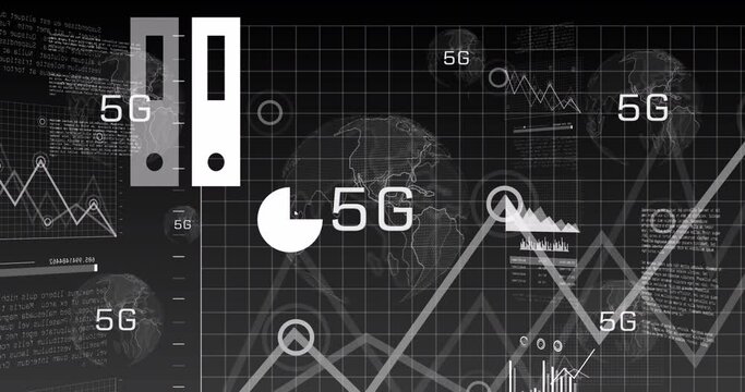 Animation of 5g over globe, graphs, data and digital screen