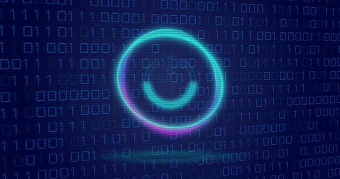 Animation of neon circle with power over binary code on digital screen