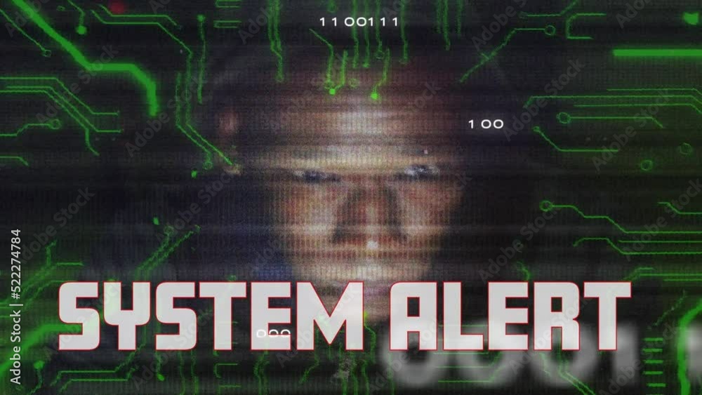 Poster animation of system alert over binary code, integrated circuit and face of african american hacker