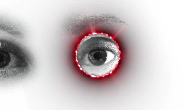 Animation of red circle eye of caucasian woman