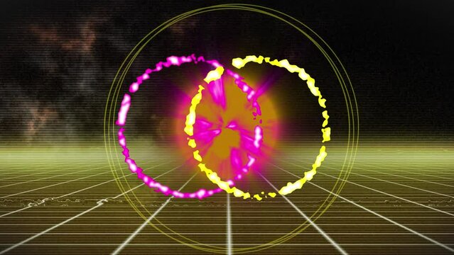Animation of neon circles over black and yellow digital space