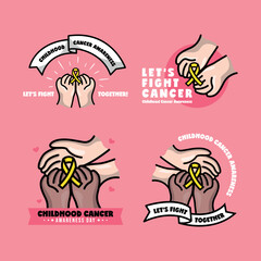 ADULT AND CHILD HAND IS HOLDING YELLOW RIBBON CHILDHOOD CANCER AWARENESS LOGO COLLECTION