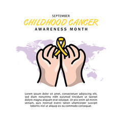 World childhood cancer month awareness vector design with hands holding a yellow ribbon illustration poster