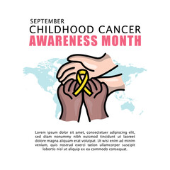 World childhood cancer month vector design with a hand holding a yellow ribbon illustration poster